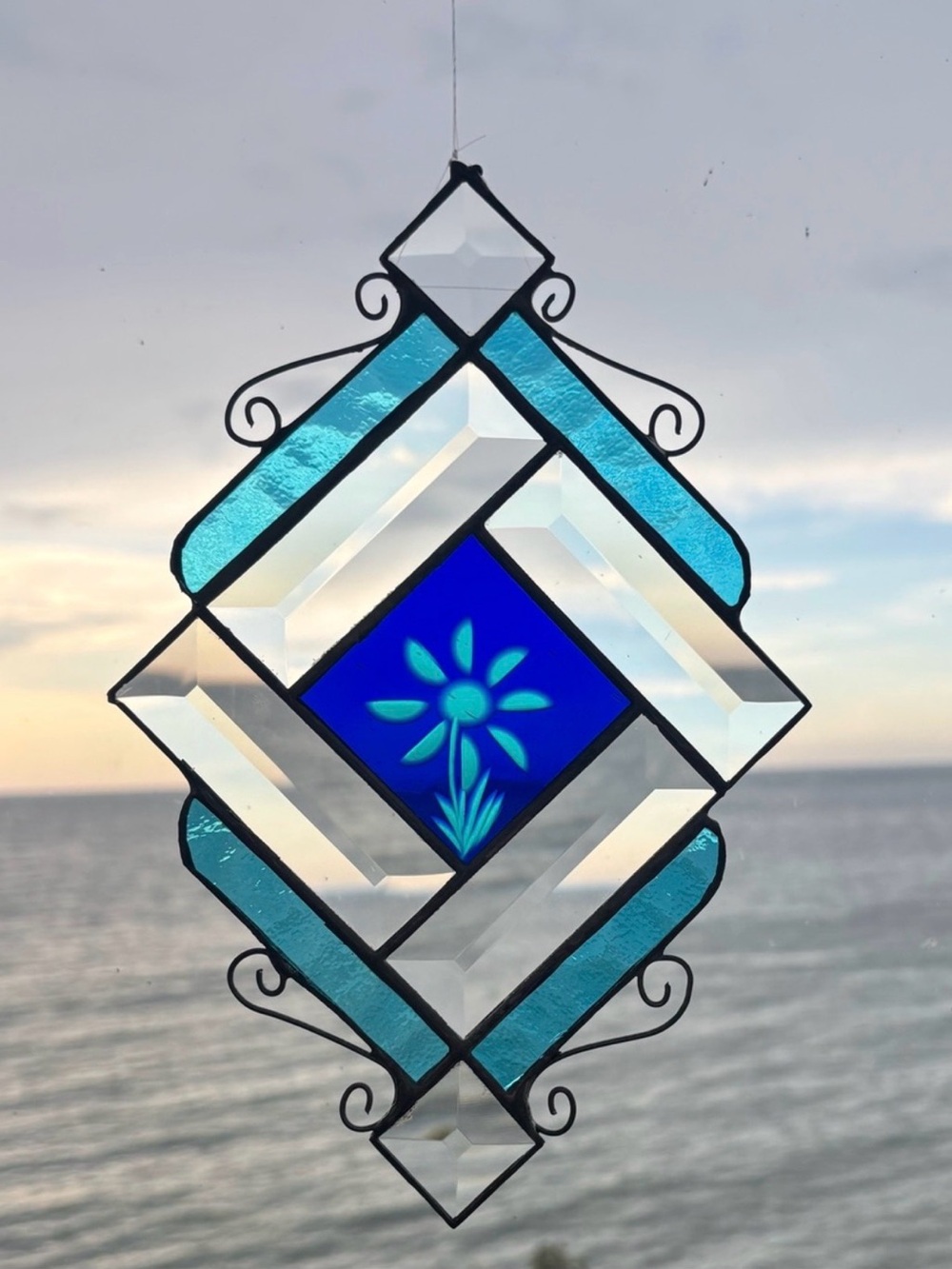 Vintage Handmade Stained Glass Suncatcher Geometric Diamond Blue Bevel Art Panel